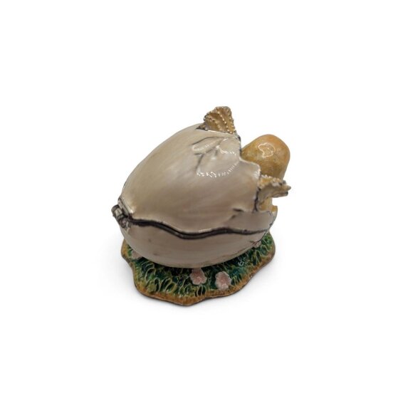 Bejeweled Enameled Hinged Magnetic Trinket Box Baby Chick Hatching from Egg - Picture 10 of 13
